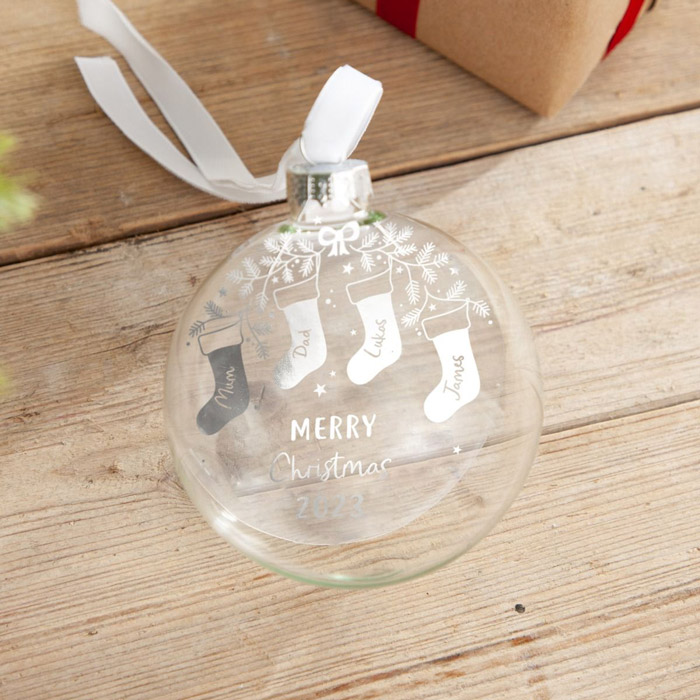 Personalised Christmas Stockings Family Foiled Glass Bauble