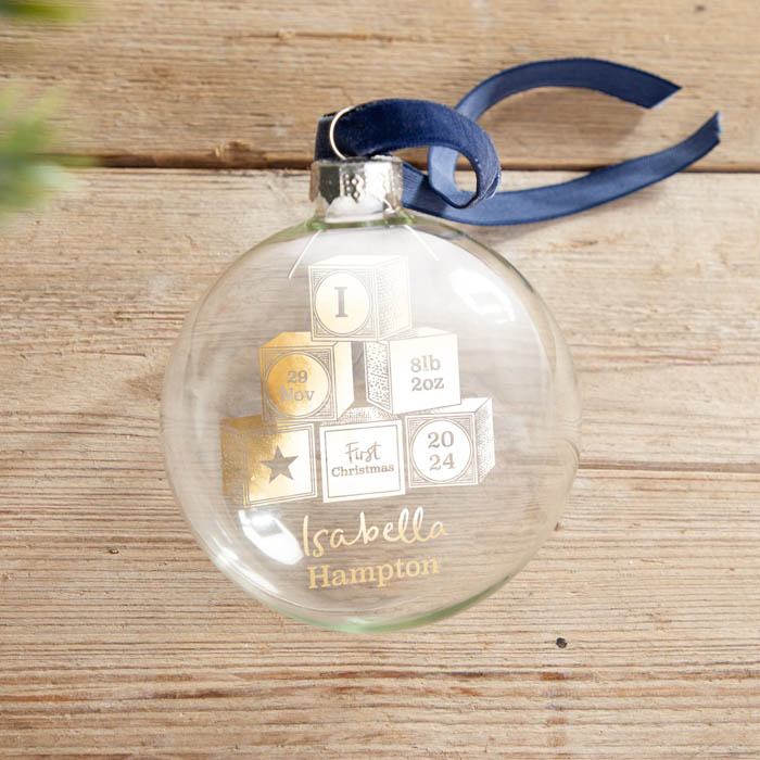 Personalised First Christmas Baby Building Blocks Foiled Glass Bauble