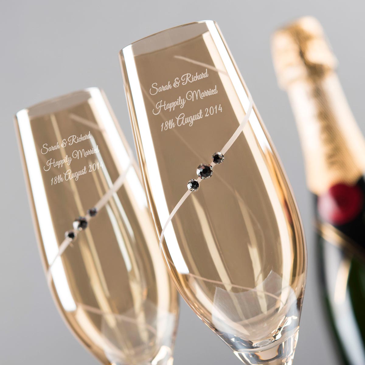 Engraved Amber Swarovski Elements Diamante Champagne Flute Set