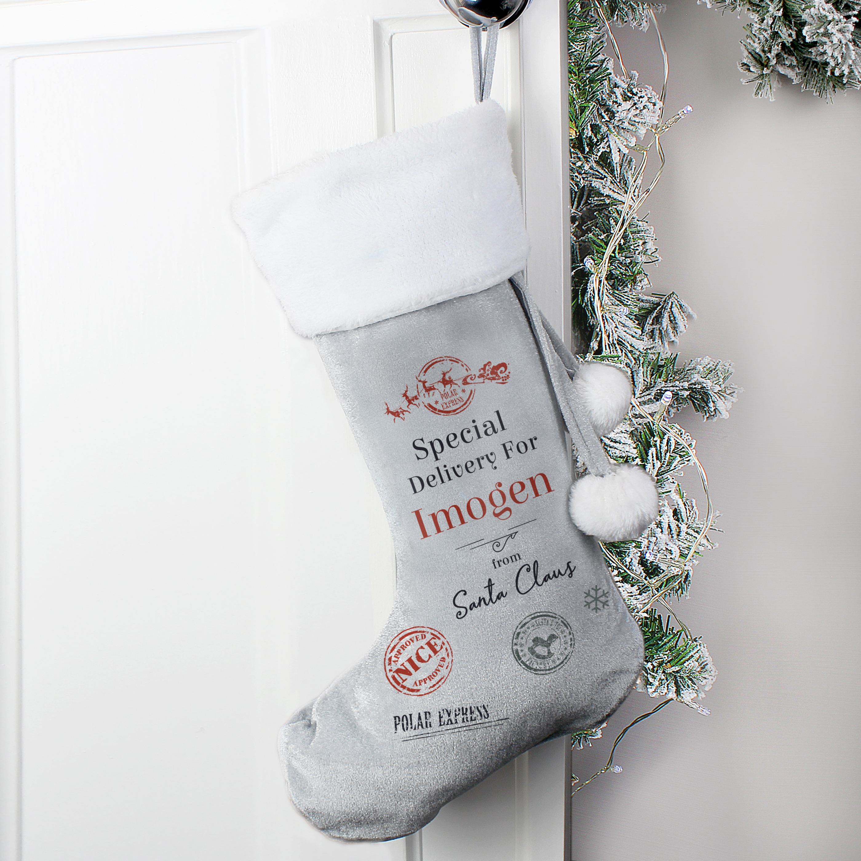 Personalised Special Delivery Christmas Silver Grey Stocking