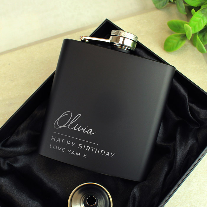 Personalised Free Text Script Black Hip Flask - Wedding