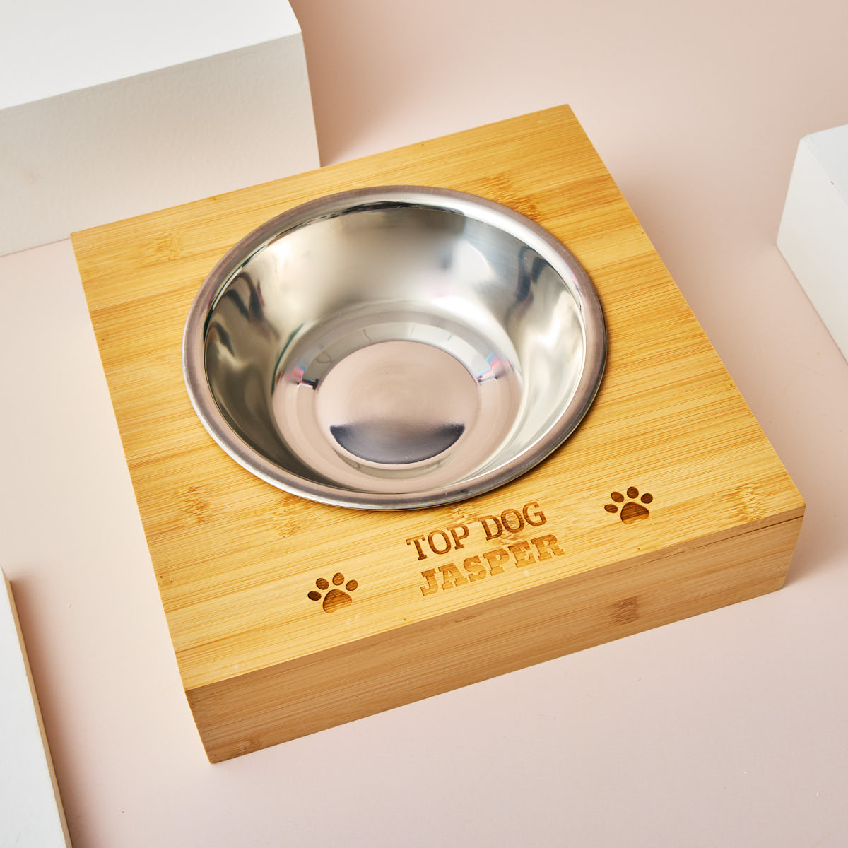 Personalised Engraved Large Bamboo Pet Bowl - Paw Print Name and Message