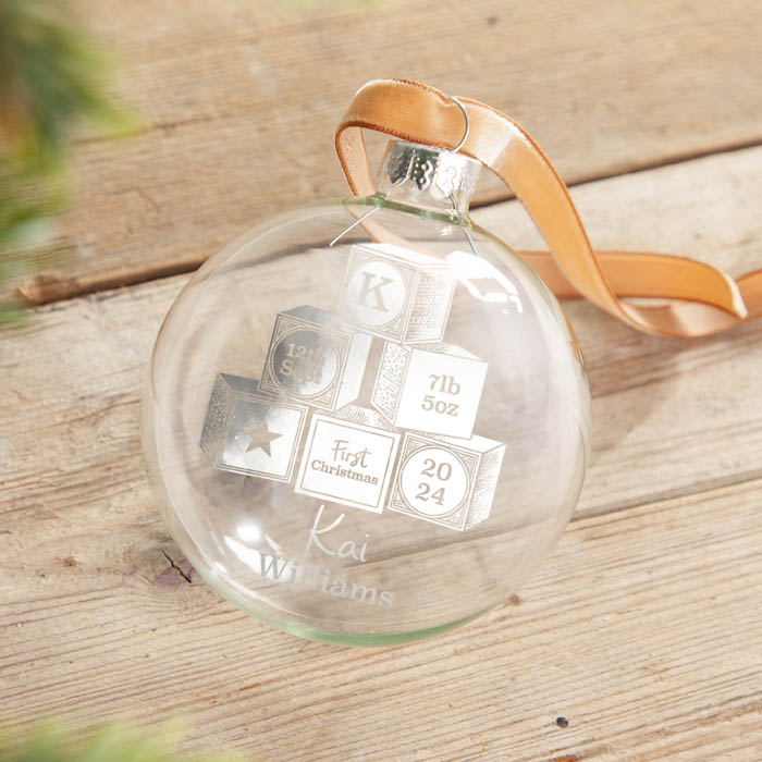 Personalised First Christmas Baby Building Blocks Foiled Glass Bauble