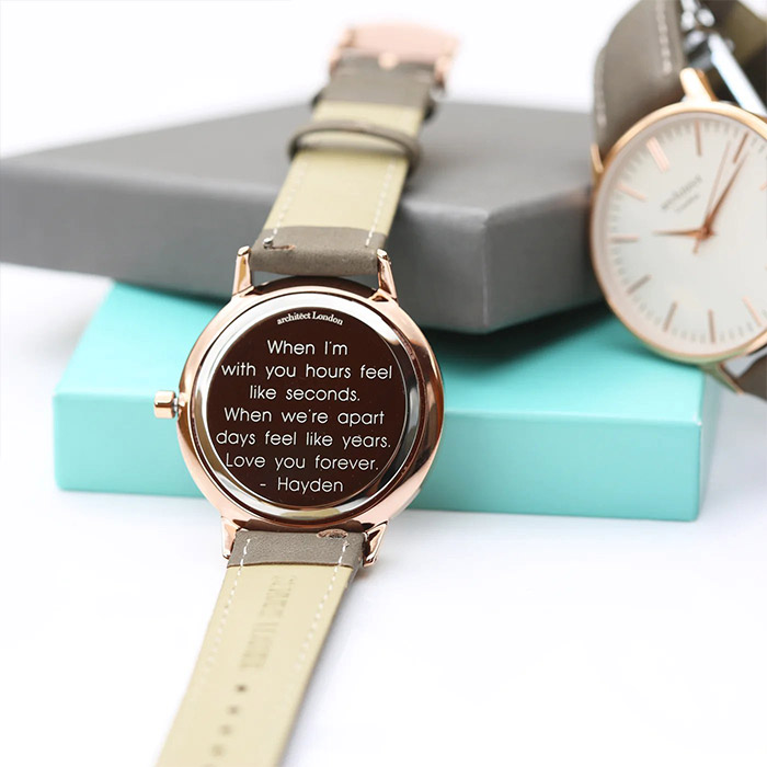 Women's Personalised Watch - Architect Blanc with Modern Font Engraving and Light Grey Strap