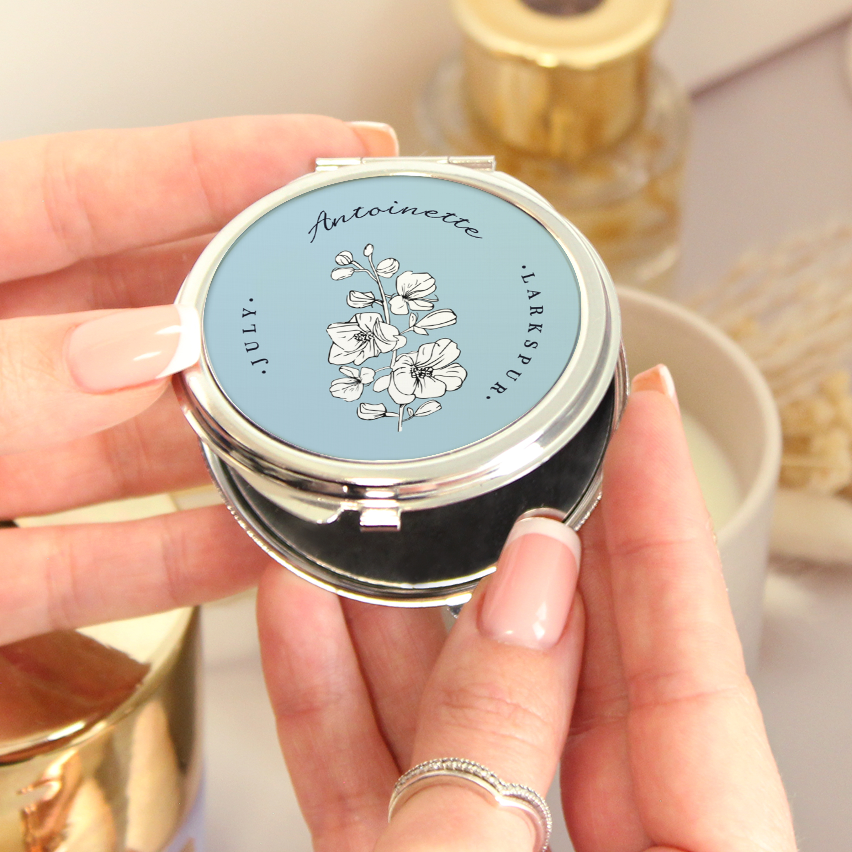 Personalised Flower Of The Month Compact Mirror