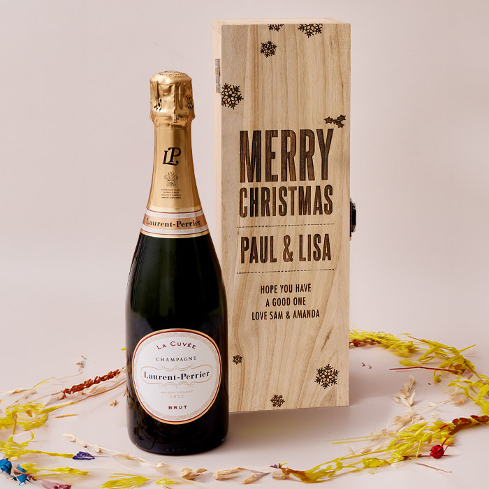 Engraved Wooden Box With Laurent-Perrier Champagne - Merry Christmas