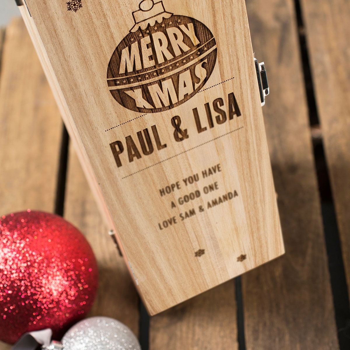 Engraved Wooden Box With Laurent-Perrier Champagne - Merry Christmas Bauble