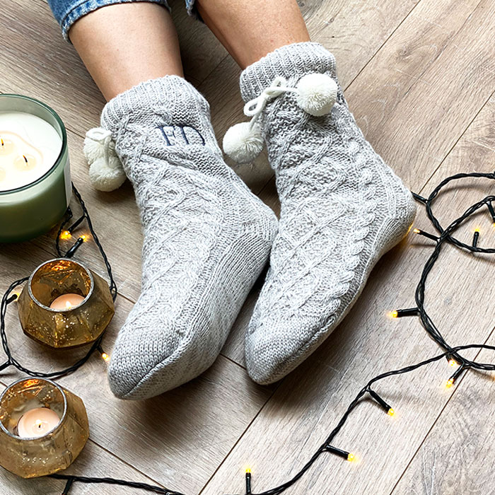 Personalised Grey Pom Pom Slippers