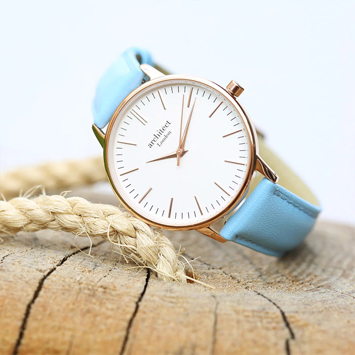 Women's Personalised Watch - Architect Blanc with Modern Font Engraving and Light Blue Strap