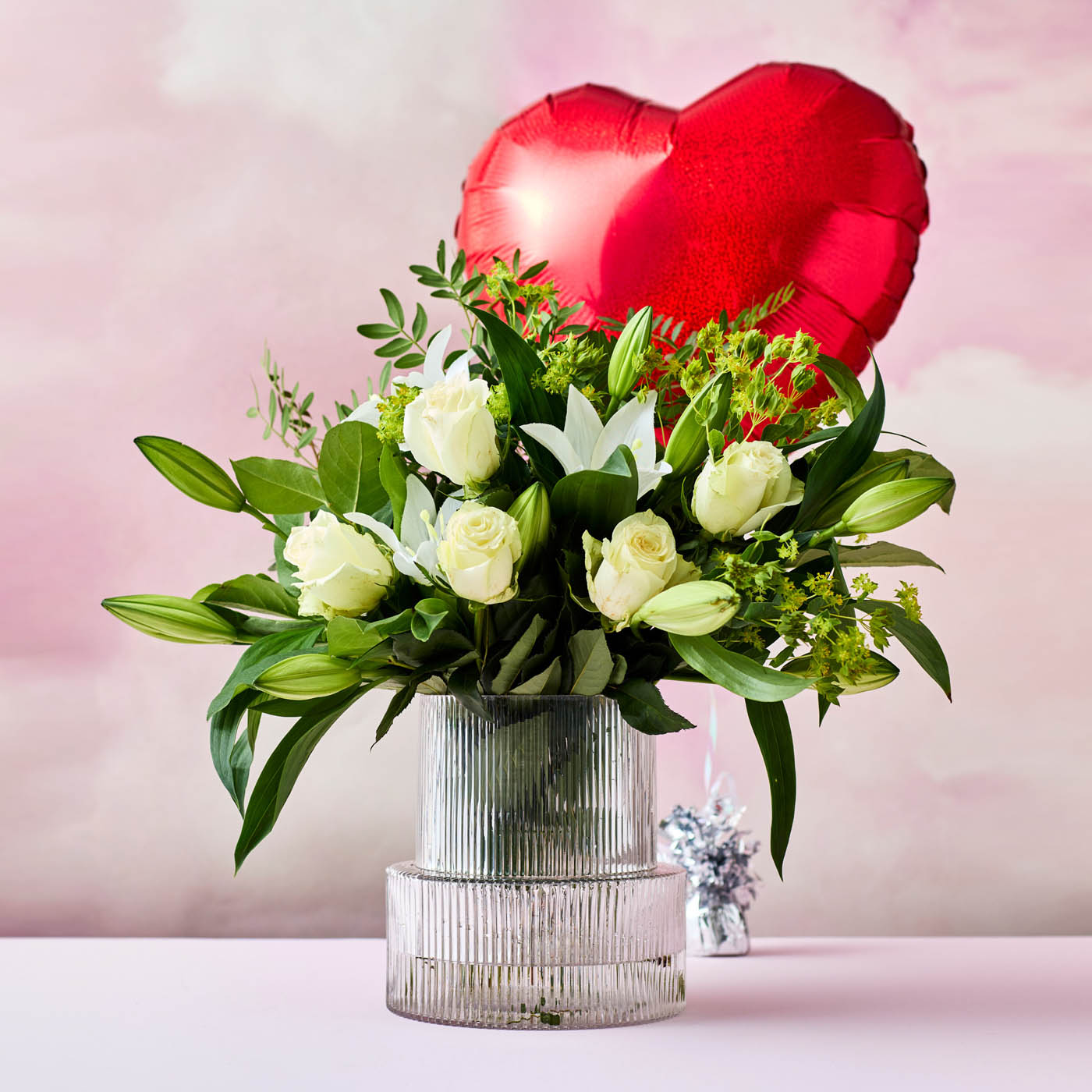 White Rose & Lily Flower Bouquet with Red Heart Balloon - FREE DELIVERY