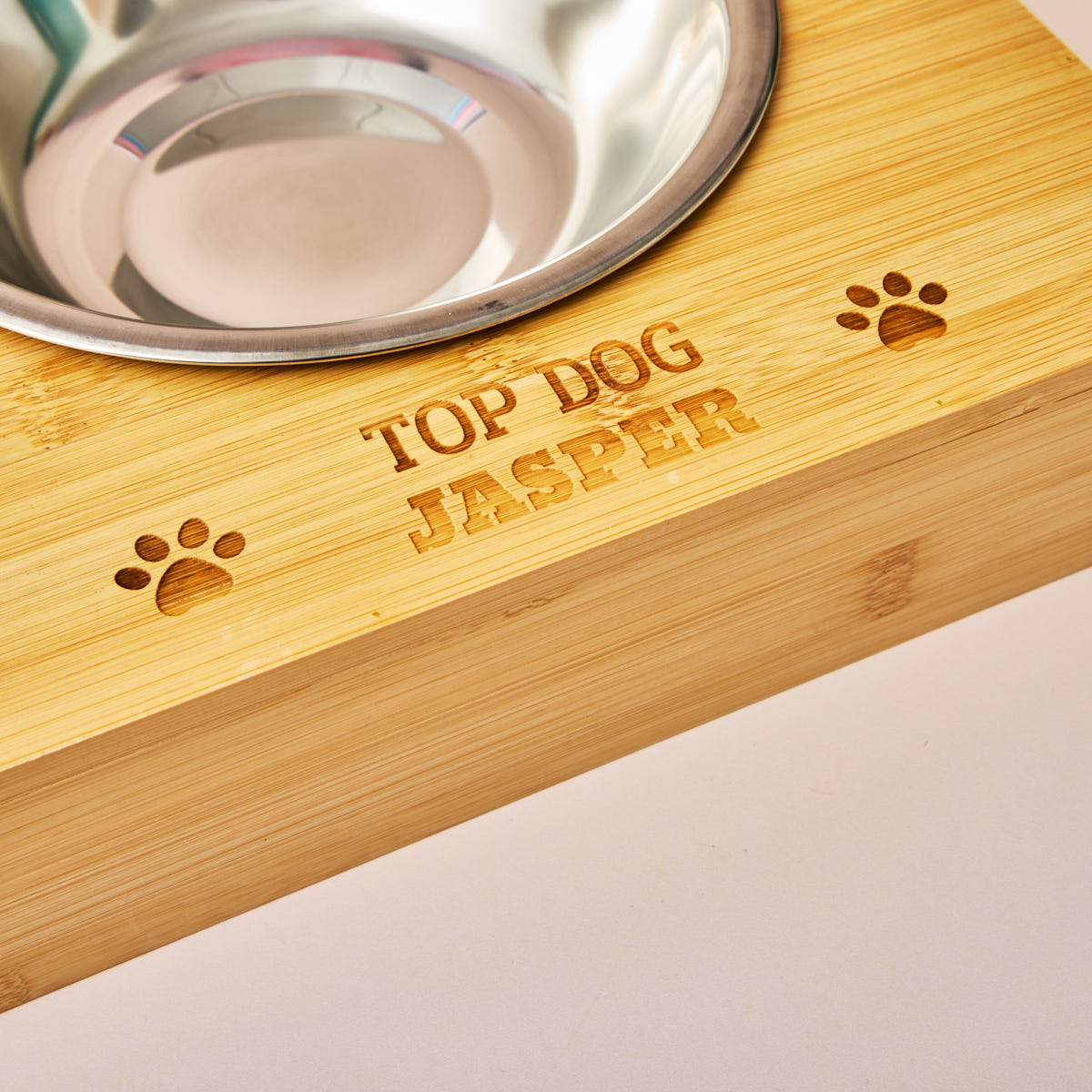 Personalised Engraved Large Bamboo Pet Bowl - Paw Print Name and Message