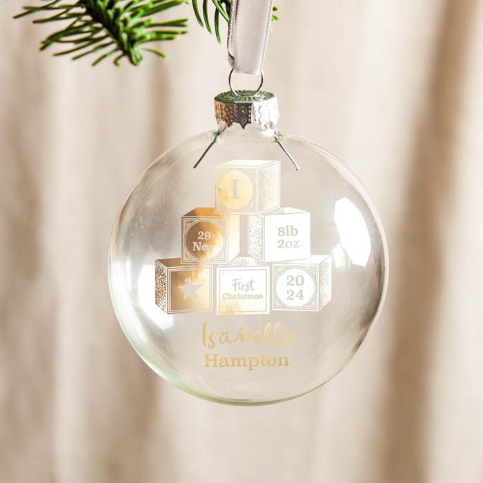 Personalised First Christmas Baby Building Blocks Foiled Glass Bauble