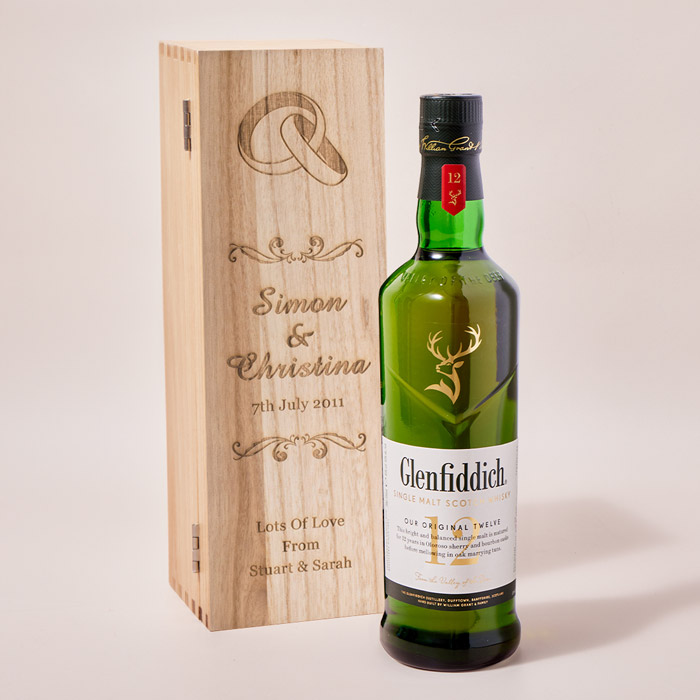 Personalised Glenfiddich Wooden Whisky Gift Box  - Wedding Rings