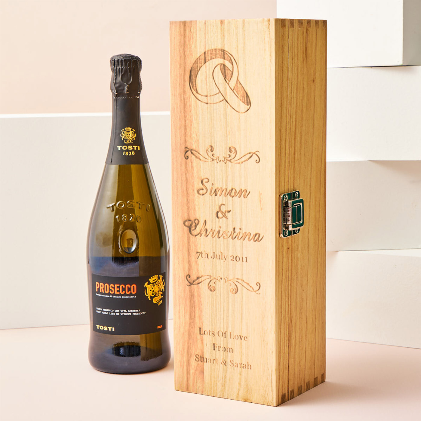 Engraved Wooden Box With Luxury Prosecco - Wedding Rings