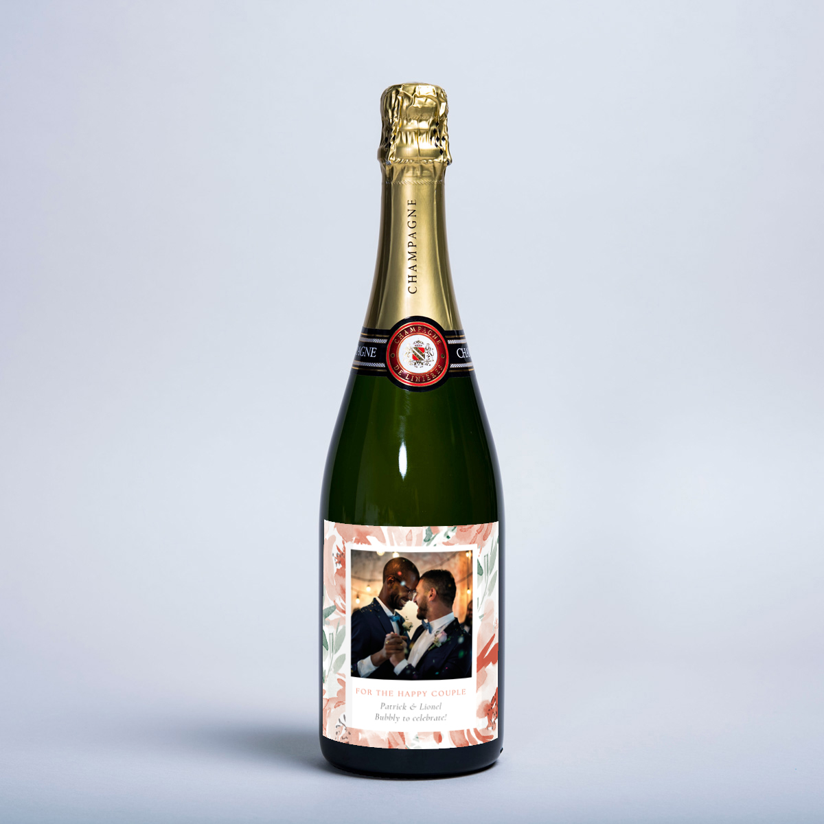 Photo Upload with Message Floral Design Wedding Champagne - For The Happy Couple