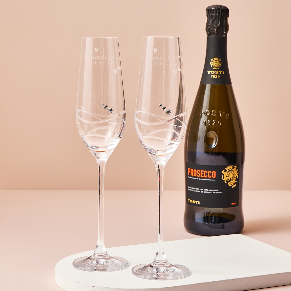 Engraved Set Of Two Swarovski Crystal Champagne Flutes with Prosecco - Message, Names and Love Hearts