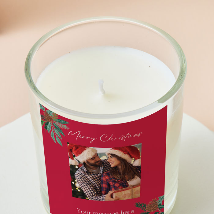 Photo Upload With Message Candle - Red Holly