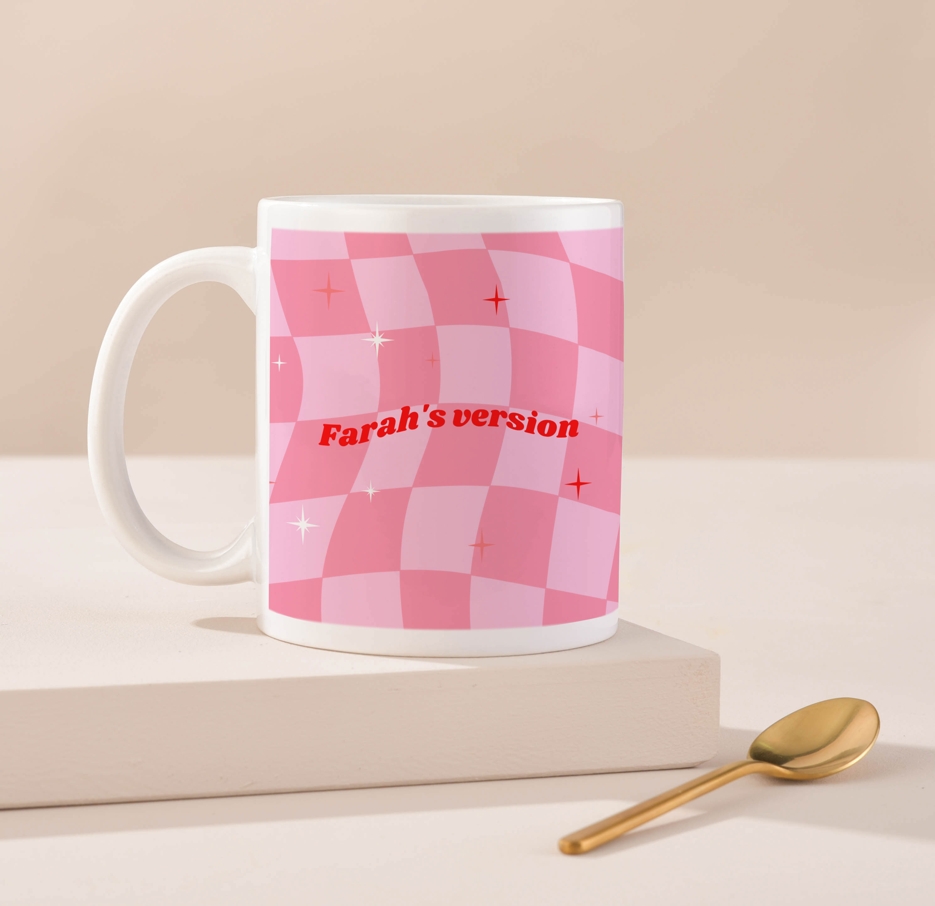 Personalised Groovy Pink Chequered Mug - Name